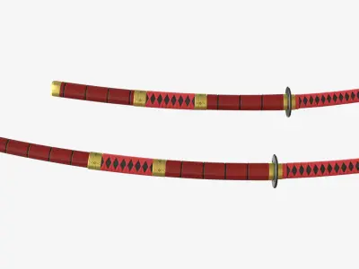 Red Double Bladed Katana Wakizashi and Stand 3D model