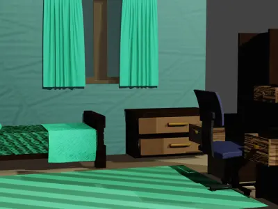 3D Model of a Cartoon-Style Youth Room with Wooden Furniture Free low-poly 3D model