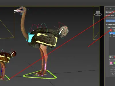 adult ostrich and ostrich chick  rig  high-poly  textured  3D model