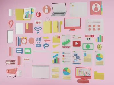 Set of 3d business stuffs that useful on the desk in office 3D model