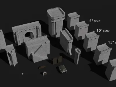 Modular castle walls - 17 pieces with 1 trim sheet texture Low-poly 3D model