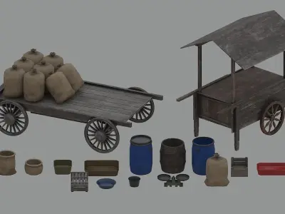 Market carts and props Low-poly 3D model