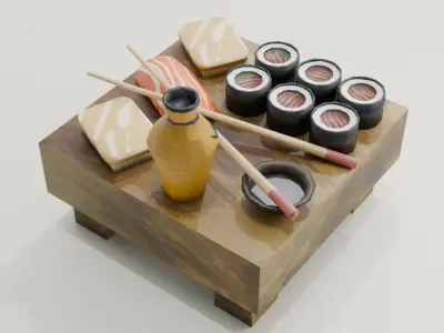  A Cozy Table with Sushi Maki Sashimi and Sauces Low-poly 3D model