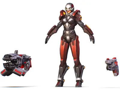 Cartoon Sci-Fi Cyborg Drone Heavy Machine Gunner Low-poly 3D model