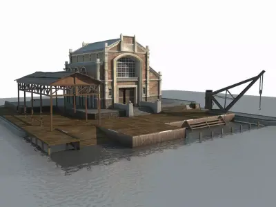 Hand drawn style 19th century architecture fishing boat dock 3D model