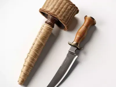 Damascus Hunting Knife Woven Scabbard 3D model