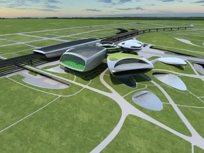 Museum 2 futuristic building in middle of grassy field 3D model