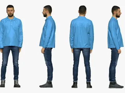 001296 man with beard in blue polo and jeans normal pose 3D model