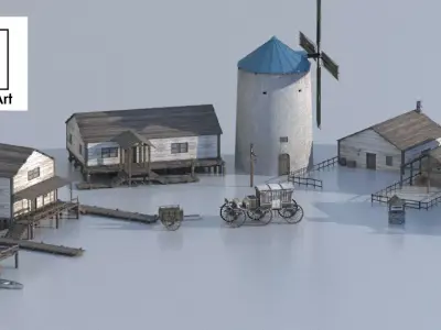 Package Rustic Wooden Houses with interiors Low-poly 3D model