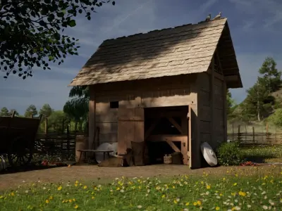 Enterable small early medieval watermill Low-poly 3D model