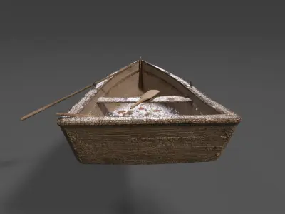 Old wooden boat with an oar and one broken oar 3D model