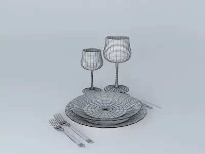 Dinner Set plate with wine glasses and forks Free 3D model