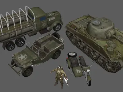 american wwii pack Tanks armored vehicles soldiers motorcycles Low-poly 3D model