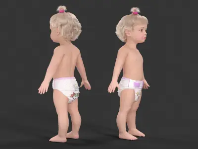 One Year Old Girl in Diaper Fur Rigged 3D model