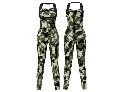 Female Military Camouflage Bodysuit Vest Boots Hat Outfit Low-poly 3D model