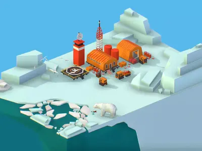 Polar Station on Glacier Polar Bear Low-poly 3D model