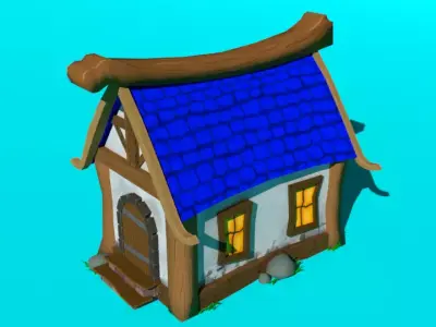 Blue house low-poly for mobile game Low-poly 3D model