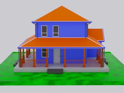 Low poly house 3D model orange on field Free low-poly 3D model