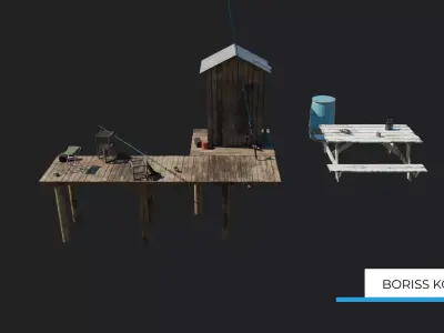 Fishermans platform near the lake Low-poly 3D model
