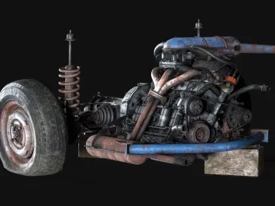 Old car engine Low-poly 3D model
