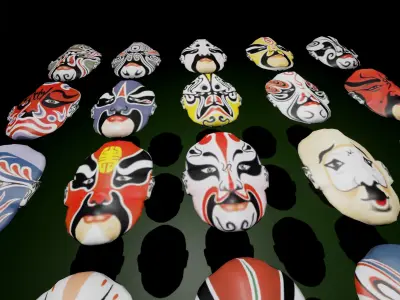 24 Oriental Chinese Opera Mask Pack Kabuki Collection Theatre Low-poly 3D model