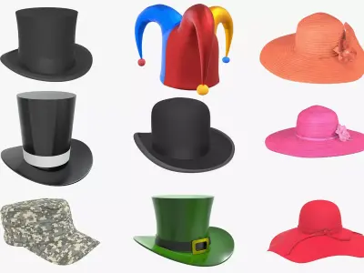 Hat set bowler men women floppy summer jester magician military 3D model