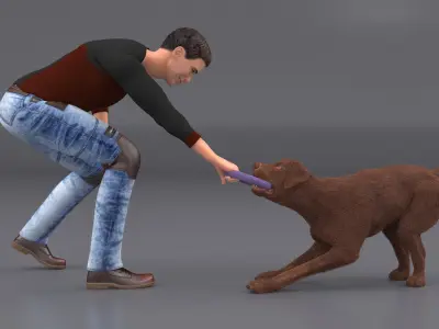 Dog Owner Playing with Labrador Fur 3D model