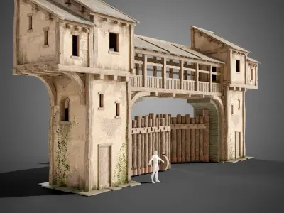 Medieval wall gate Low-poly 3D model