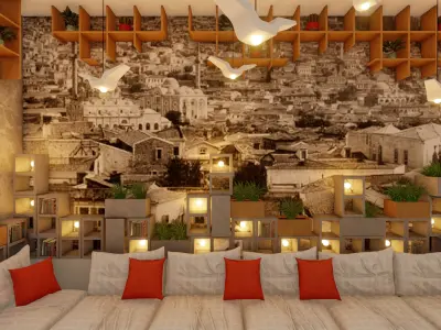 Cozy Cafe Interior with Custom Wooden and Concrete 3D model