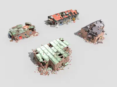 4 low poly destroyed buildings pack 1 Low-poly 3D model