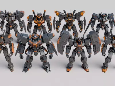 8 Sci-Fi Mecha Robot Squad Collection with PBR Textures 3D model