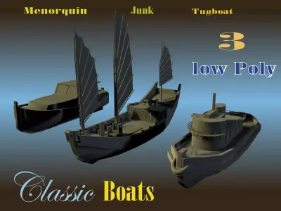 3 Low Poly Classic Boats Low-poly 3D model