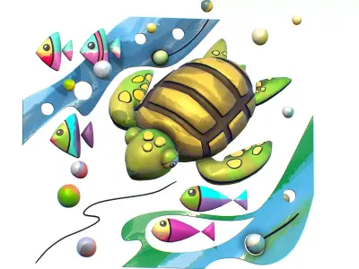Cartoon 3D illustration Sea Animal Turtle Fish Low-poly 3D model