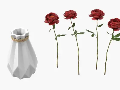 Geometric Ceramic Vase with Dark Red Peonies 3D model