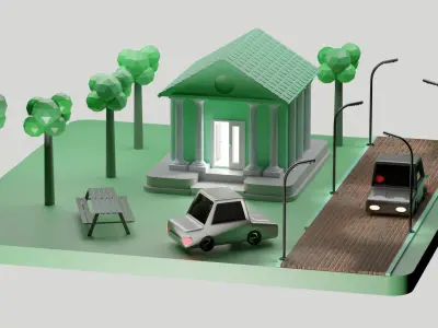 Low poly Isometric 3d Bank with cartoon car Low-poly 3D model