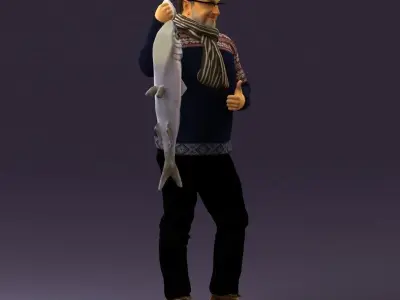 Cozy beard man in glasses with fish 0963 3D model