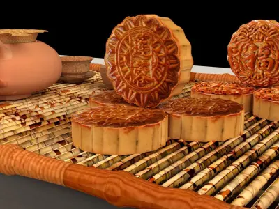 Chinese moon cake with tea set 3D model