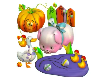Cartoon 3D illustration Pig Duck Pumpkin Goose Low-poly 3D model