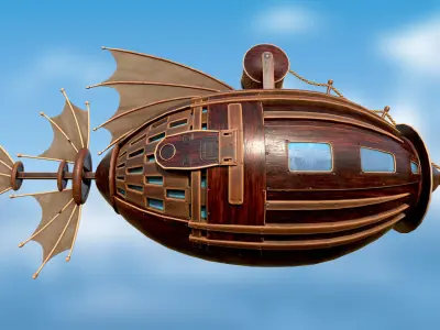 Airship PBR game ready steampunk ship flying in sky Low-poly 3D model