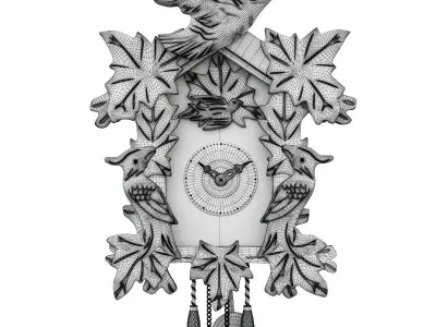 Clock wooden cuckoo with birds and leaves 3D model