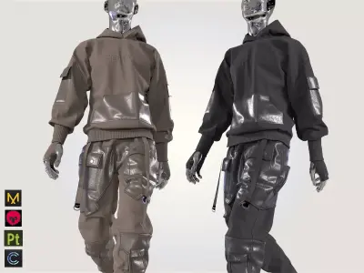 Man techwear outfit pants hoodie cyberpunk 3D model