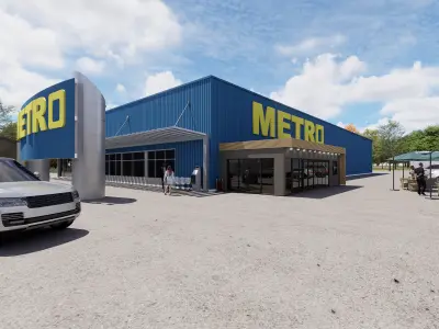 Coffee shop commercial building and urban cars parking 3D model