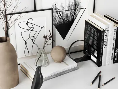 Decorative set bookshelf with bird figurines 3D model