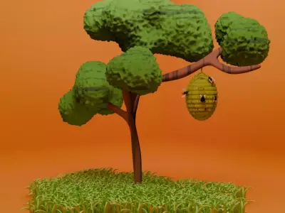 Bee  Tree hive honey on Grass Low-poly 3D model