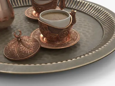 Turkish Embossed Coffee Cups and Cezve on Serving Tray 3D model