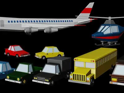 Low poly Vehicle assets for 3D games - Car Van Bus Plane Low-poly 3D model