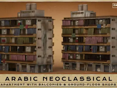 Arabic Neoclassical Mid-Rise Apartment with Balconies Shops Low-poly 3D model