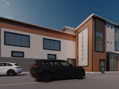 3D Showroom building with cars parked Low-poly 3D model