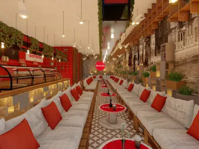 Cozy Cafe Interior with Custom Wooden and Concrete 3D model