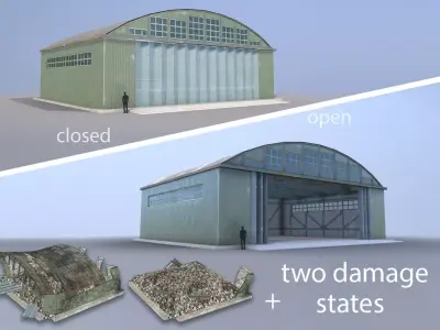 Airport Hangar SmallHangar 01 closed open with damage Low-poly 3D model